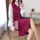 Set: Ruffle-collar Blouse + Knit Midi Pinafore Dress