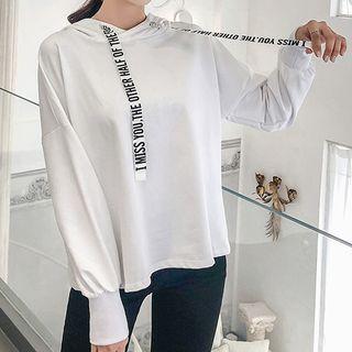 Lettering Strap Hooded Long-sleeve T-shirt