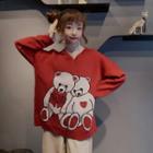 Bear Print Sweater / Long-sleeve Lace Top
