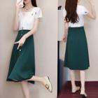 Set: Short-sleeve Embroidered Square Neck Blouse + A-line Midi Skirt