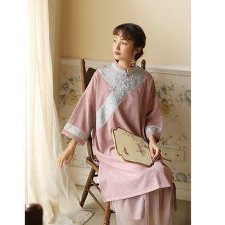 Long-sleeve Floral Trim Hanfu Midi Dress