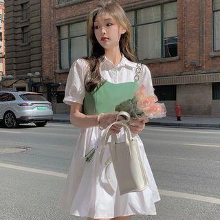 Set: Short-sleeve Plain Mini A-line Shirt Dress + Crop Tank Top