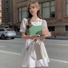 Set: Short-sleeve Plain Mini A-line Shirt Dress + Crop Tank Top