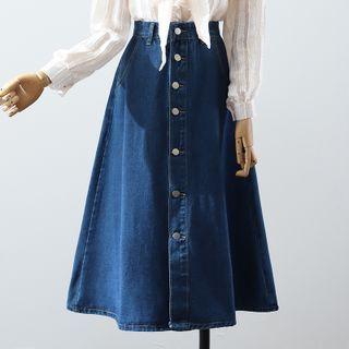 Denim Midi A-line Skirt / Tie Neck Blouse