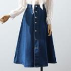 Denim Midi A-line Skirt / Tie Neck Blouse
