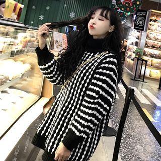 Turtleneck Print Chunky-knit Sweater Black - One Size