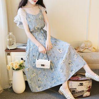 Set: Short-sleeve Sheer Top + Spaghetti Strap Floral Print Pleated Midi Dress
