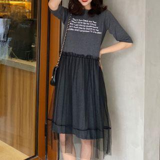 Elbow-sleeve Lettering Mesh Overlay Dress