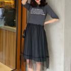 Elbow-sleeve Lettering Mesh Overlay Dress
