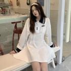 Long-sleeve Collared Mini A-line Dress White - One Size