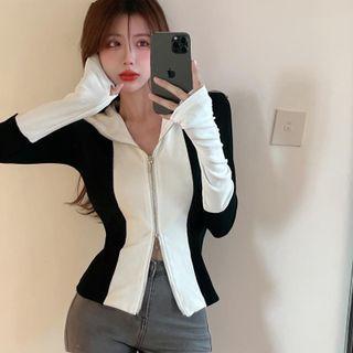 Two-tone Hooded Zip-up Cardigan Black & White - One Size