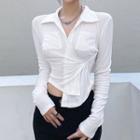 Long-sleeve Collared Asymmetrical Hem Button-up Top
