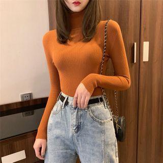 Turtle Neck Plain Long-sleeve Knit Top