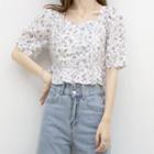 Short-sleeve Floral Cropped Blouse Purple Floral - White - One Size