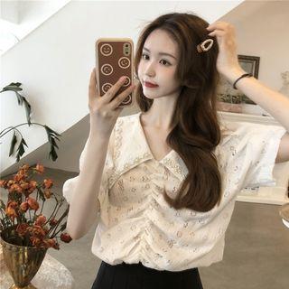 Puff-sleeve Faux Pearl Studded Blouse Almond - One Size