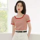 Short-sleeve Striped Knit Top Red Stripes - Almond - One Size