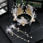 Wedding Set: Embellished Faux Pearl Tiara + Fringed Earring Crown & 1 Pair - Clip On Earring - One Size