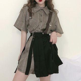 Set: Plaid Short-sleeve Shirt + Pleated Jumper Skirt