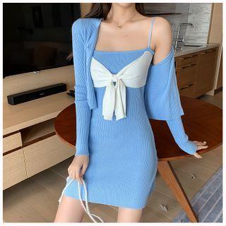 Set: Bow Strappy Sheath Knit Dress + Light Jacket