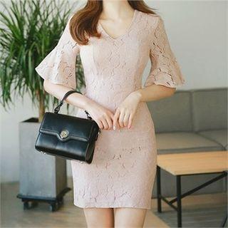 V-neck Lace Midi Sheath Dress