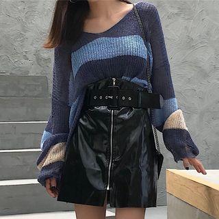 Striped Sweater / Patent Mini A-line Skirt With Belt