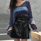 Striped Sweater / Patent Mini A-line Skirt With Belt