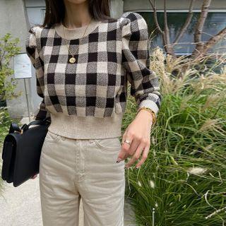 Puff-sleeve Checked Cropped Knit Top