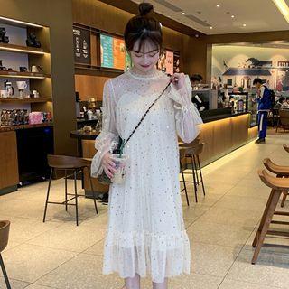 Long-sleeve Star Patterned Mesh Midi Dress