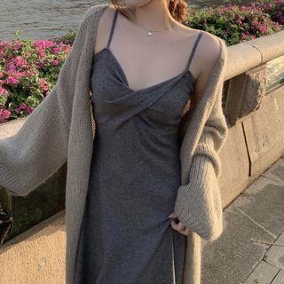 Long Cardigan / Spaghetti Strap Knit A-line Dress