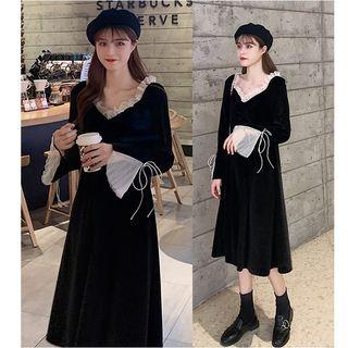 Long-sleeve Lace Trim Midi Dress