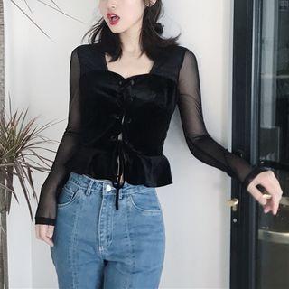 Mesh Panel Long Sleeve Cropped Top