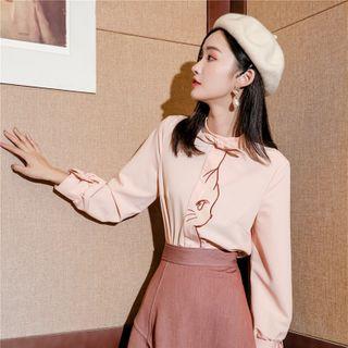 Cat Embroidered Ribbon Blouse