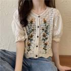 Puff-sleeve Floral Crochet Panel Cropped Blouse