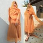 Balloon-sleeve Maxi A-line Dress / Shawl / Set