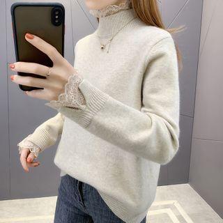 Lace Trim Turtleneck Knit Top