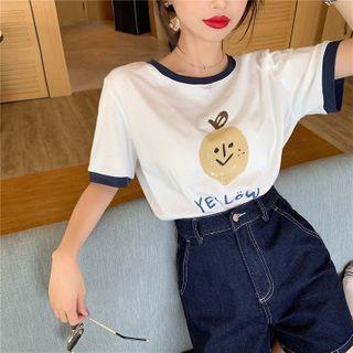 Cartoon Print Ringer T-shirt / Denim Straight-cut Shorts