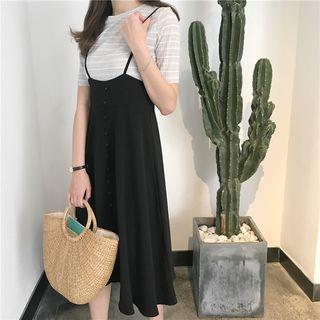 Striped Short-sleeve T-shirt / Button Detail Midi Pinafore Dress