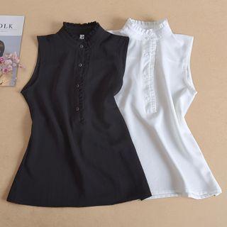 Ruffle Stand Collar Sleeveless Chiffon Top
