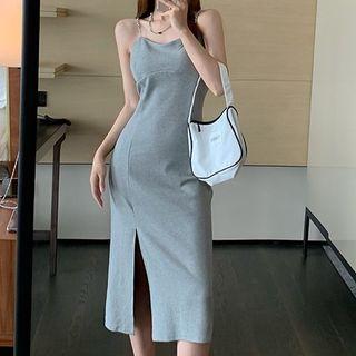 Sleeveless Chain Strap Plain Slit Sheath Dress