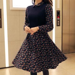 Mock Two-piece Floral A-line Shirtdress