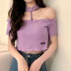 Frilled Trim Cutout Cropped Knit Top