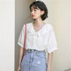 V-neck Embroider Ruffle Bow Blouse
