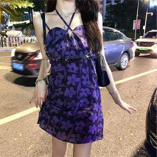 Spaghetti Strap Floral Mini A-line Dress Purple Flower - Black - One Size