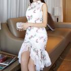 Mandarin Collar Floral Embroidered Sleeveless Lace Dress
