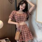 Set: Short-sleeve Square-neck Plaid Crop Top + Pleated Mini A-line Skirt