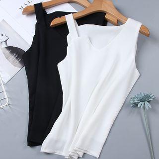 Plain Split-neck Sleeveless Chiffon Top