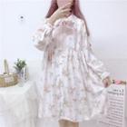 Floral Long-sleeve A-line Dress Floral - Light Pink & White - One Size