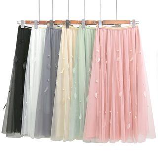 Feather Mesh A-line Midi Skirt