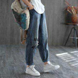 Letter Embroidered Distressed Straight-cut Jeans Blue - One Size