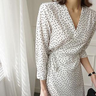 Polka-dot Long Surplice-wrap Dress